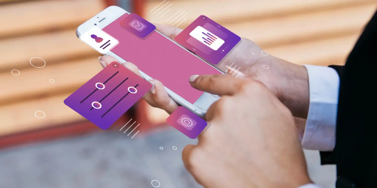 Hands holding a smartphone with floating digital interface icons.