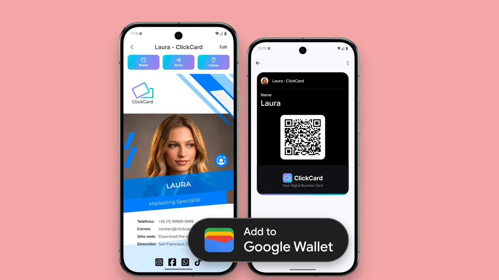 ClickCard digital business card shown inside Google Wallet on an Android phone
