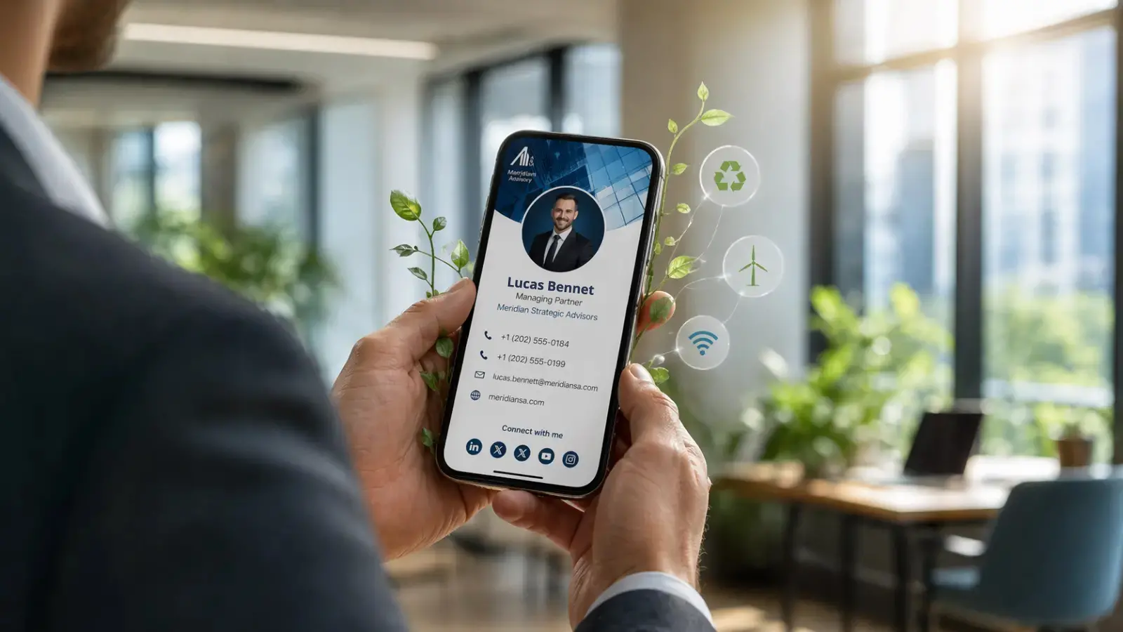 Professional sharing a ClickCard digital business card on a smartphone, overlaid with green leaves and sustainability icons, symbolizing sustainable technology in networking.