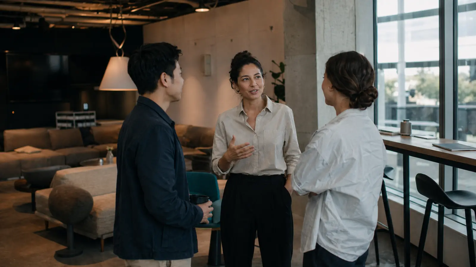 Three business professionals talking together in a modern coworking space, with one person speaking while the others listen