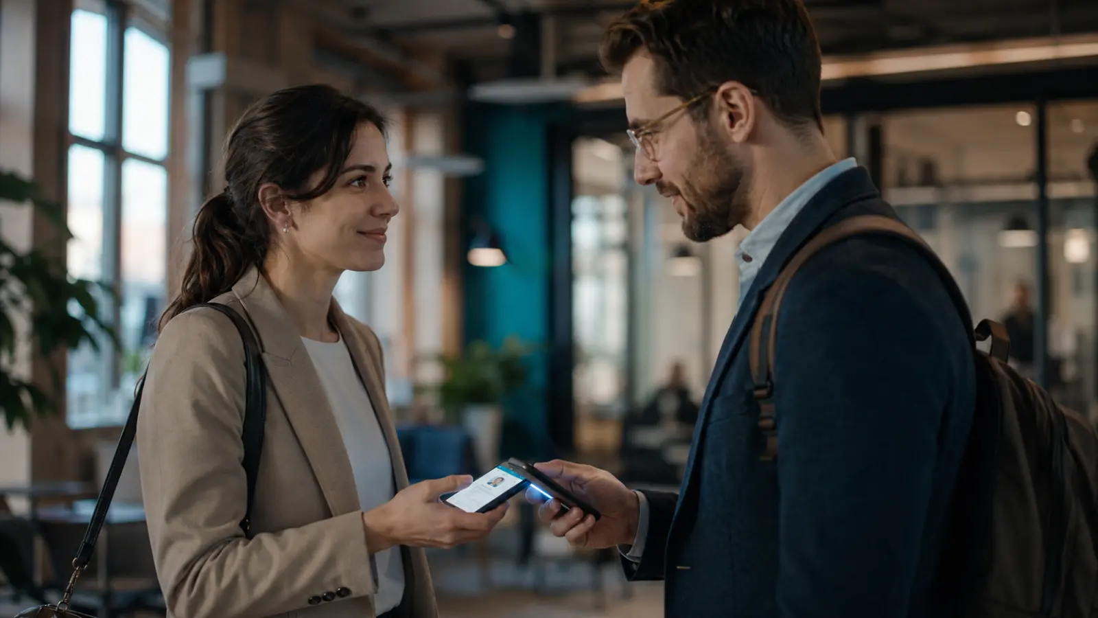 Two professionals exchanging contact details by tapping a smartphone displaying a digital business card after a networking meeting.
