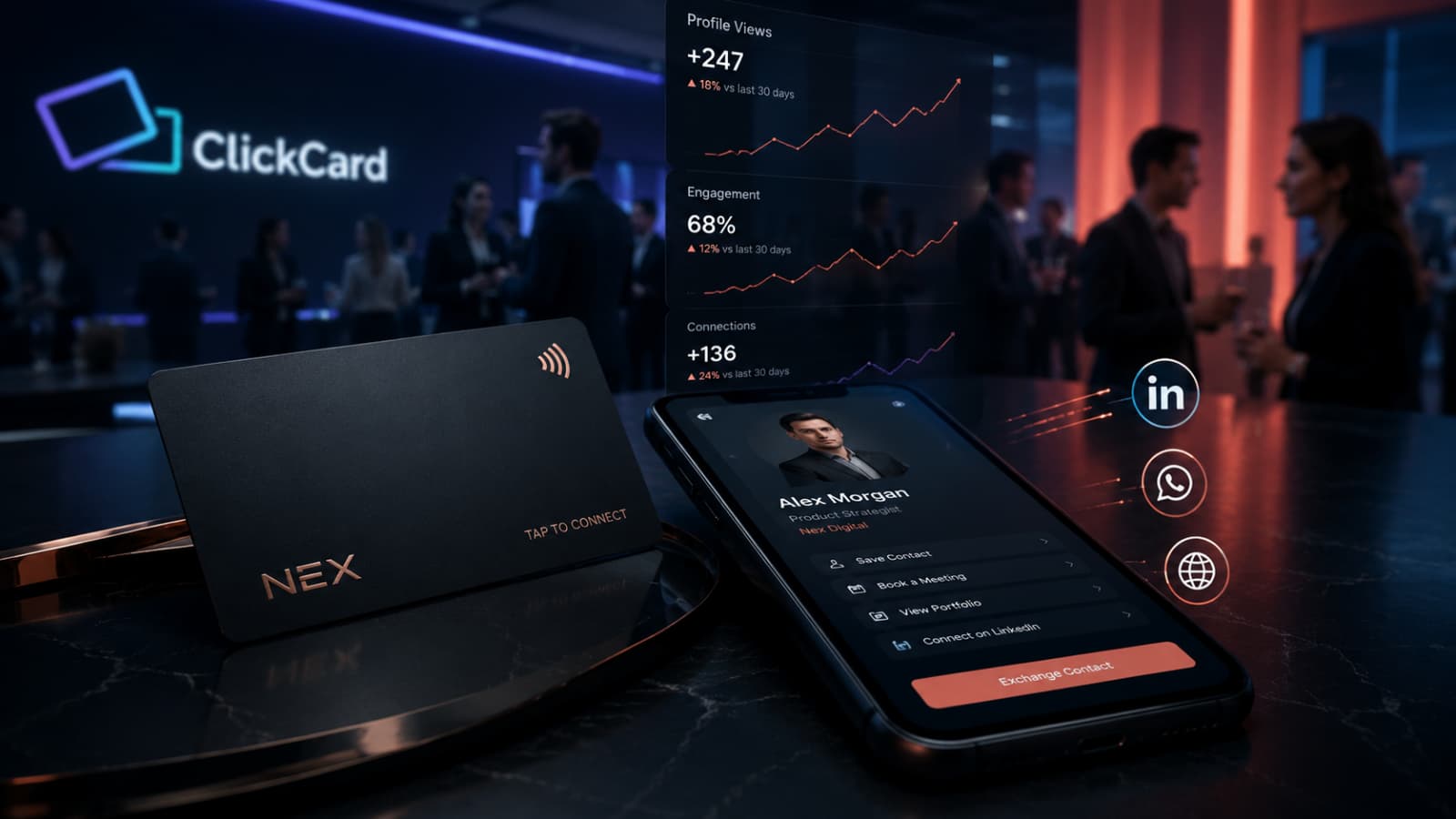 Cinematic modern networking scene featuring an NFC card, smartphone digital profile, and ClickCard premium branding in the background.