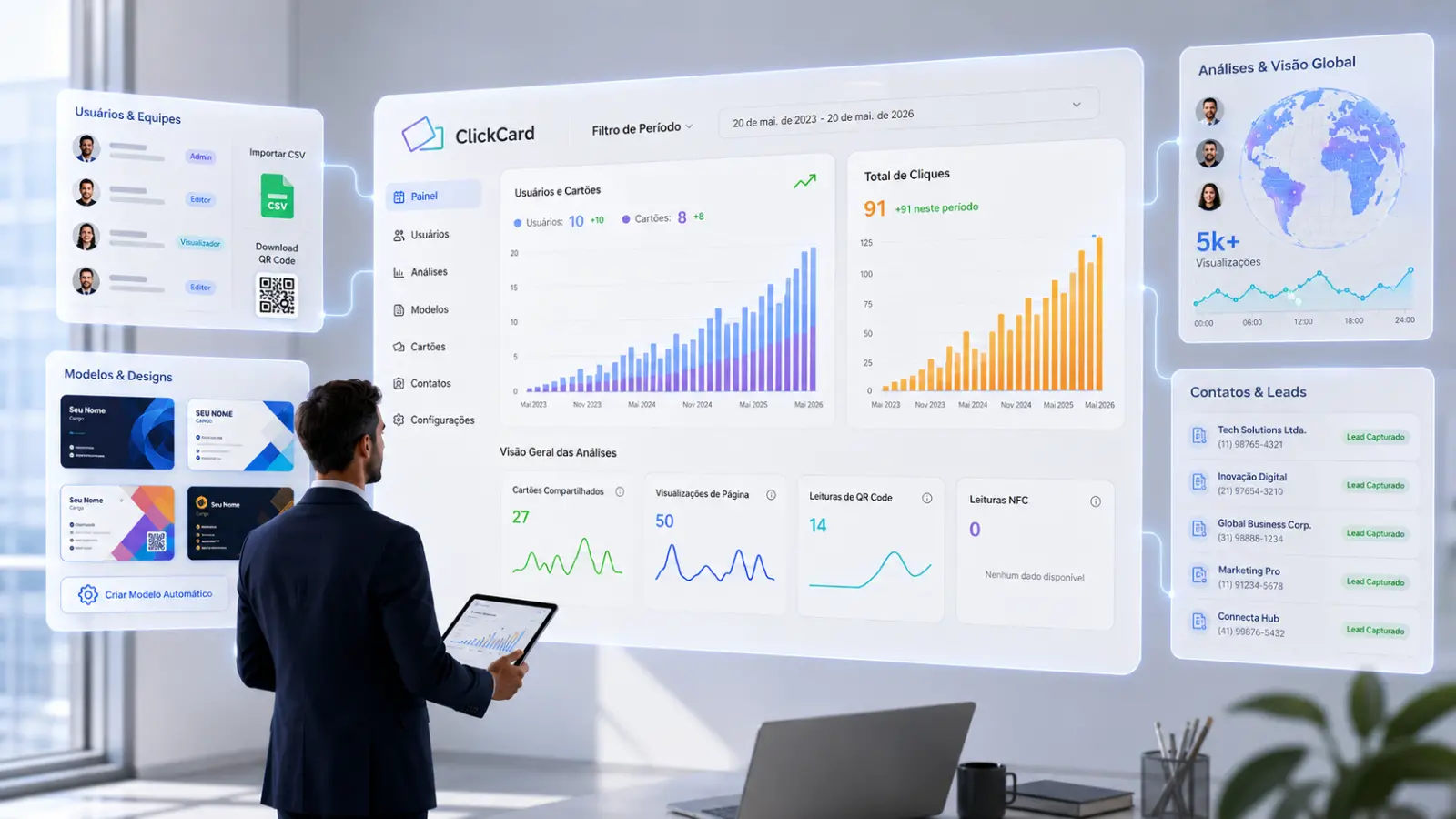 Modern business professional interacting with a futuristic ClickCard analytics dashboard in a bright office environment. The interface displays user management, business card templates, engagement analytics, QR code tracking, and global visualization panels connected through a clean holographic UI. Minimalist white and blue design with realistic lighting, floating data panels, and corporate technology aesthetic.