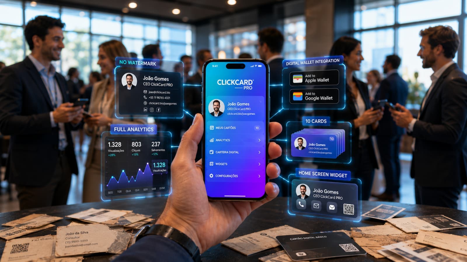 networking corporativo mostrando um profissional segurando um smartphone com a interface do ClickCard PRO em um design com gradiente azul e roxo. Painéis holográficos flutuantes destacam recursos avançados como cartões digitais sem marca d’água, análises completas, integração com carteiras digitais, gerenciamento de múltiplos cartões e widgets para tela inicial. Ao fundo, profissionais participam de um evento de networking utilizando seus smartphones. Cartões de visita de papel desfocados espalhados no primeiro plano representam os métodos tradicionais sendo substituídos por soluções digitais modernas. A imagem possui iluminação natural, profundidade de campo reduzida e uma estética corporativa sofisticada e contemporânea.