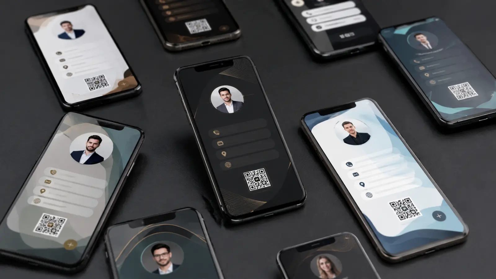 Smartphones displaying different digital business cards for comparing professional networking apps.