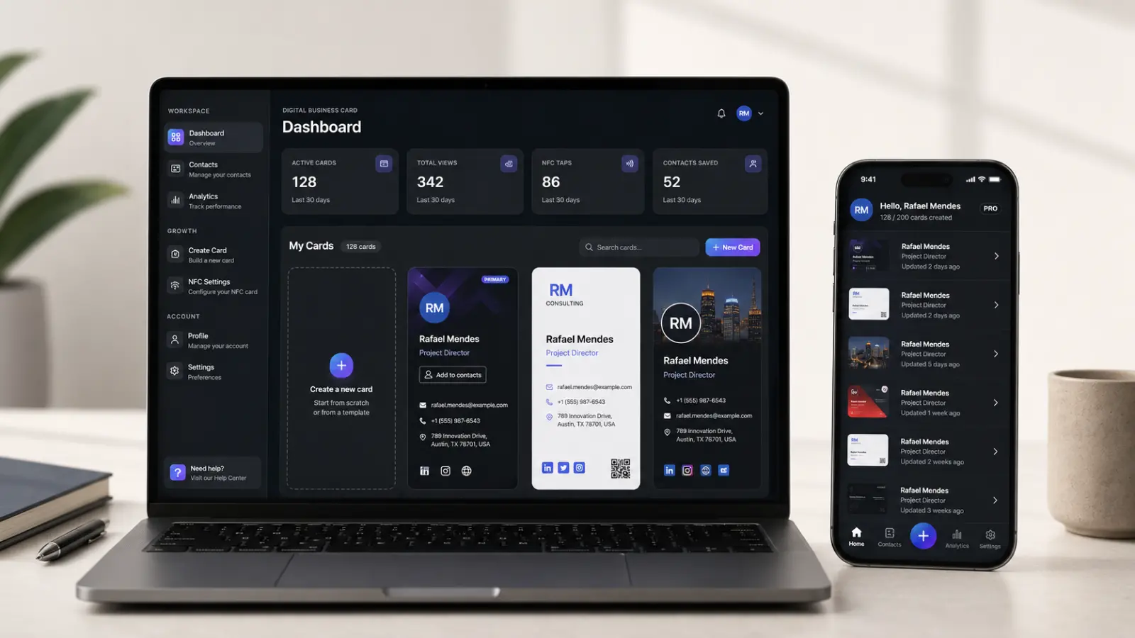 ClickCard web app open on a laptop showing the dashboard with digital business card statistics and several card designs, next to a smartphone displaying the same list of cards in the ClickCard mobile app.