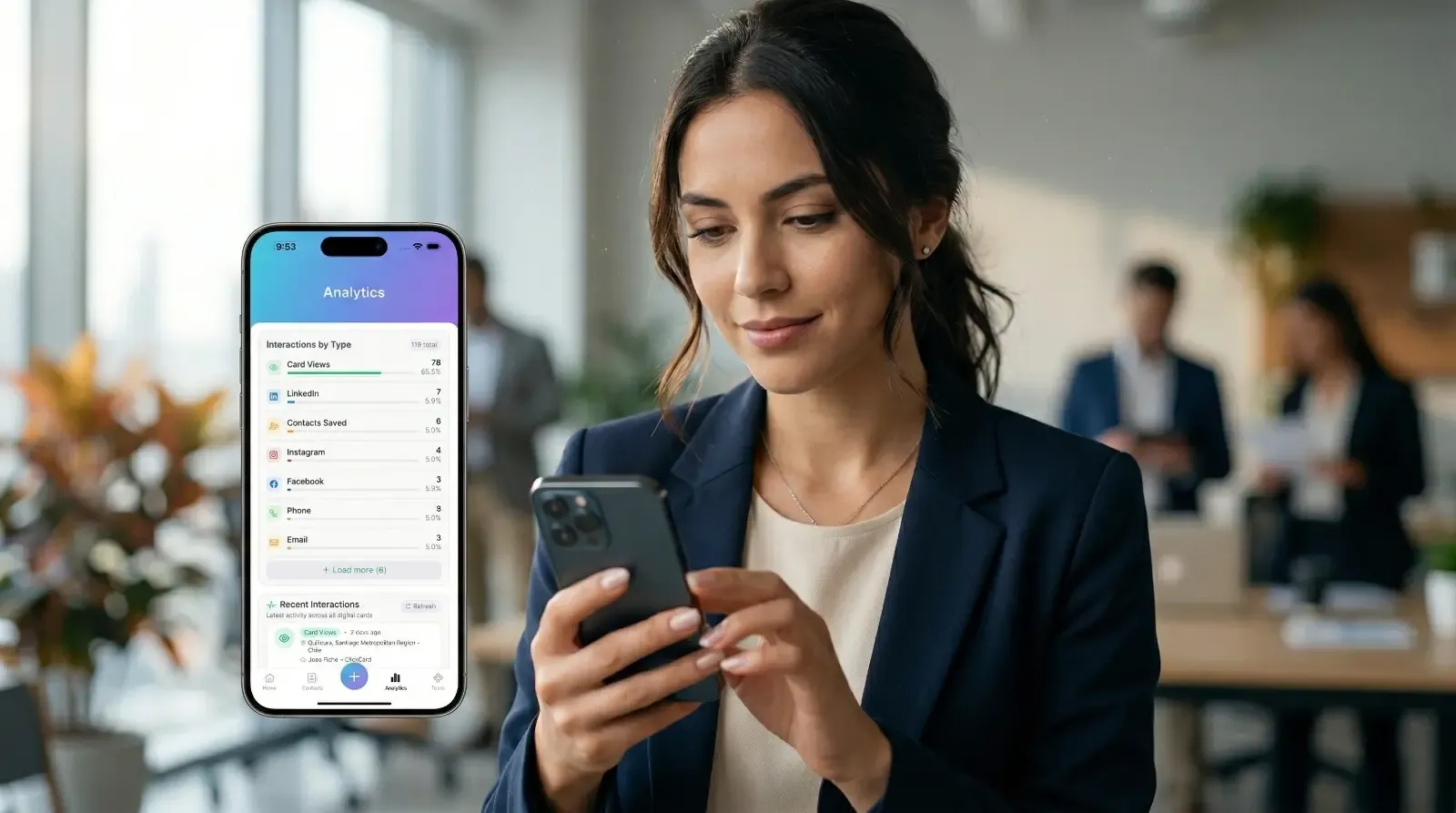 Professional using ClickCard digital business card on smartphone