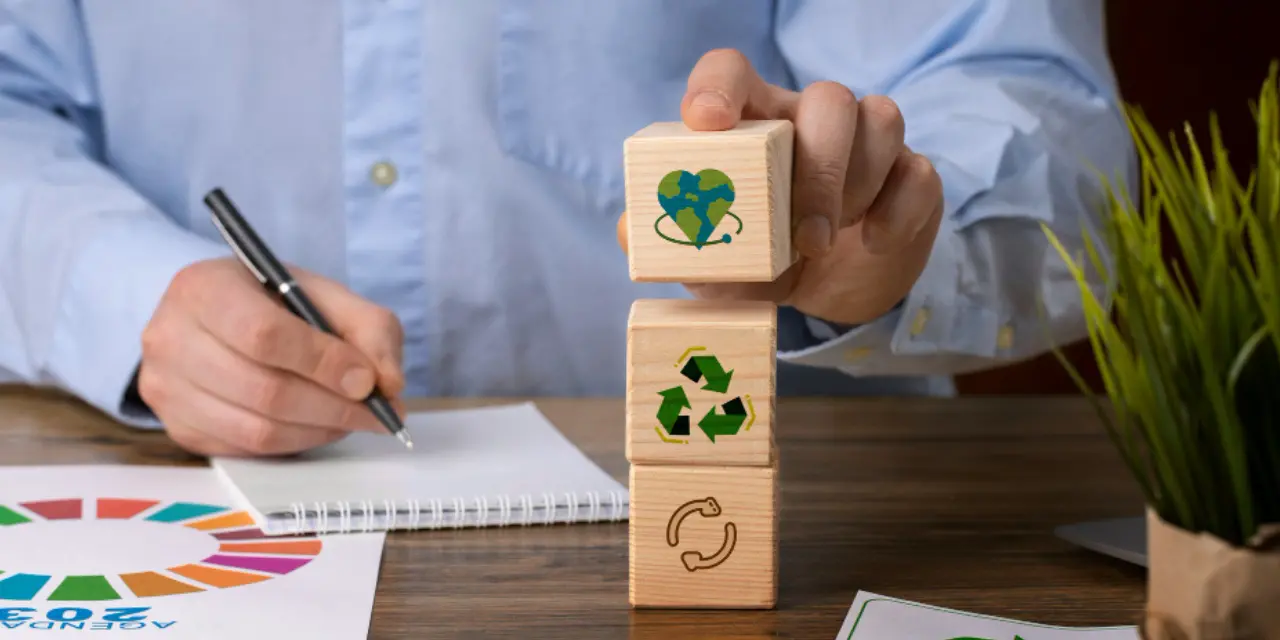 A person arranging wooden blocks with sustainability icons on a work table.