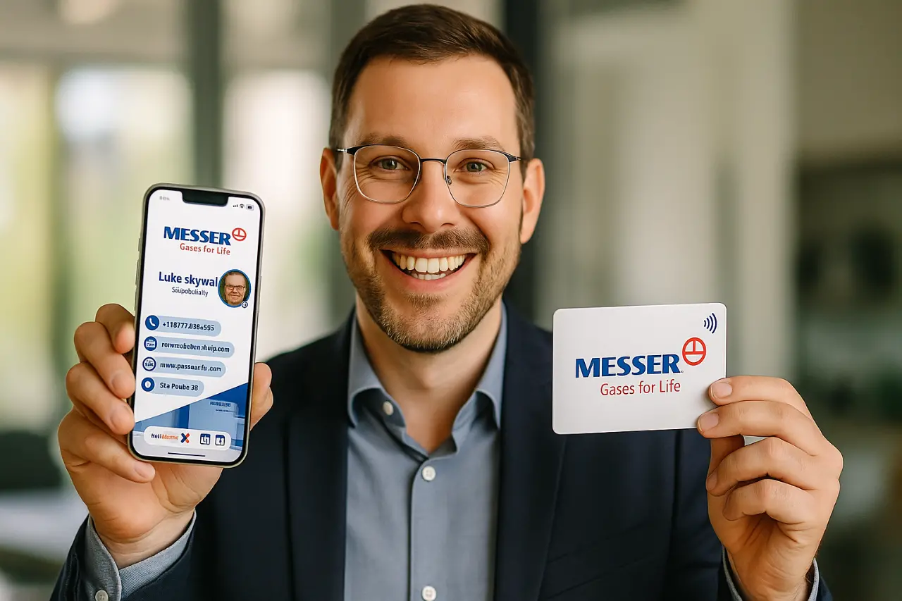 Un hombre de negocios sonriente con un blazer azul marino sostiene un teléfono inteligente que muestra una tarjeta de presentación digital y una tarjeta NFC con el logotipo “Gases for Life” de Messer en un entorno de oficina moderno.