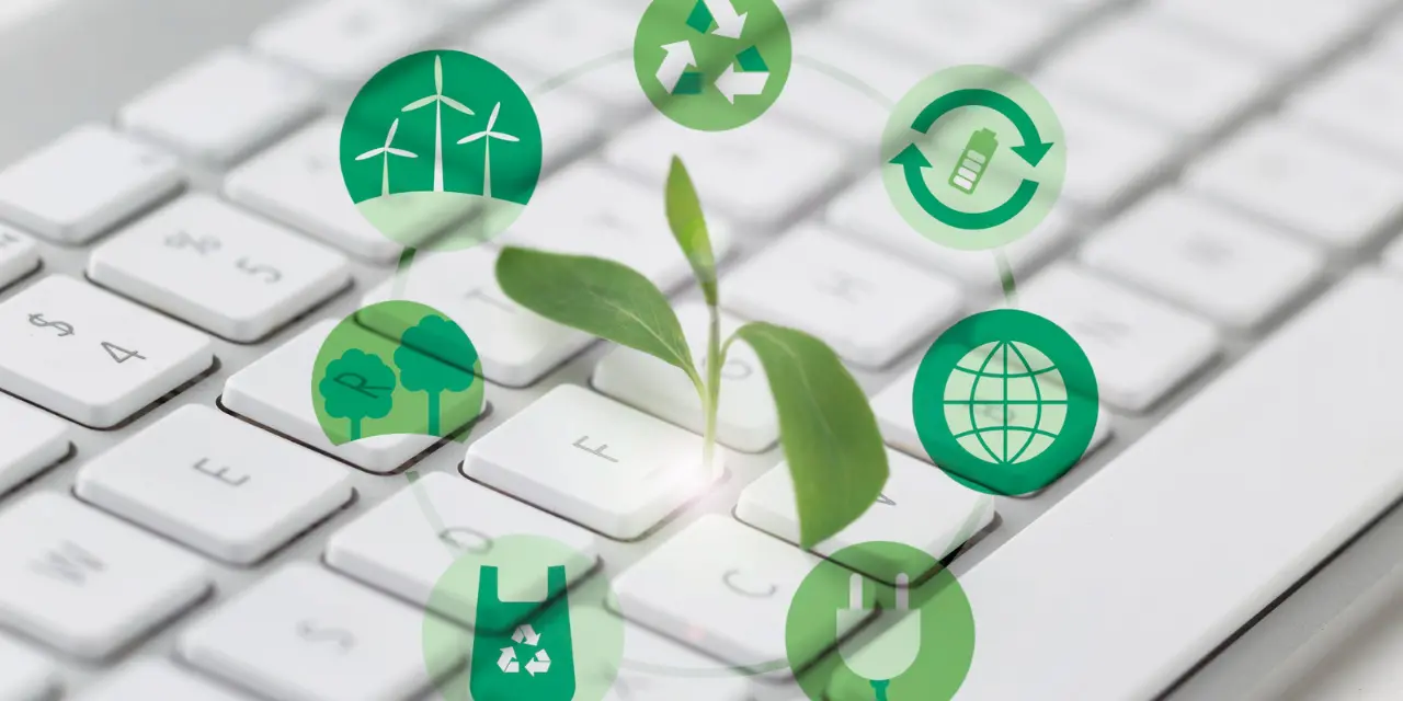 Planta crescendo em teclado com ícones de sustentabilidade digital.